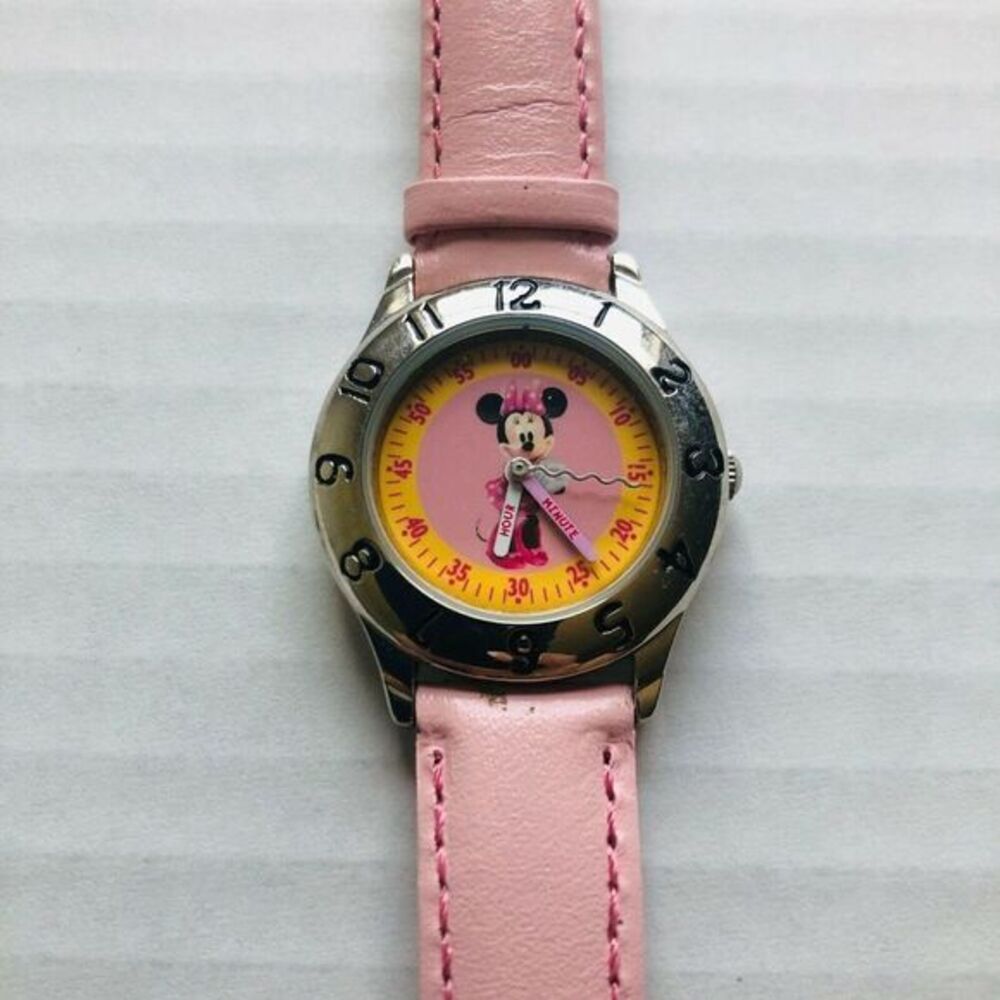 Disney Minnie Mouse Watch Pink Genuine‎ Leather Analog Wrist Watch Japan Movt.